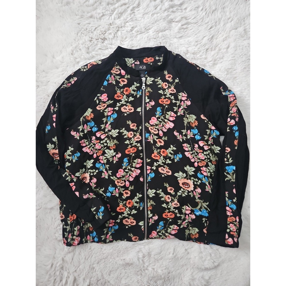 AGB Floral Bomber‎ Jacket Large Black Pink Blue Cottagecore Whimsigoth Zip Up